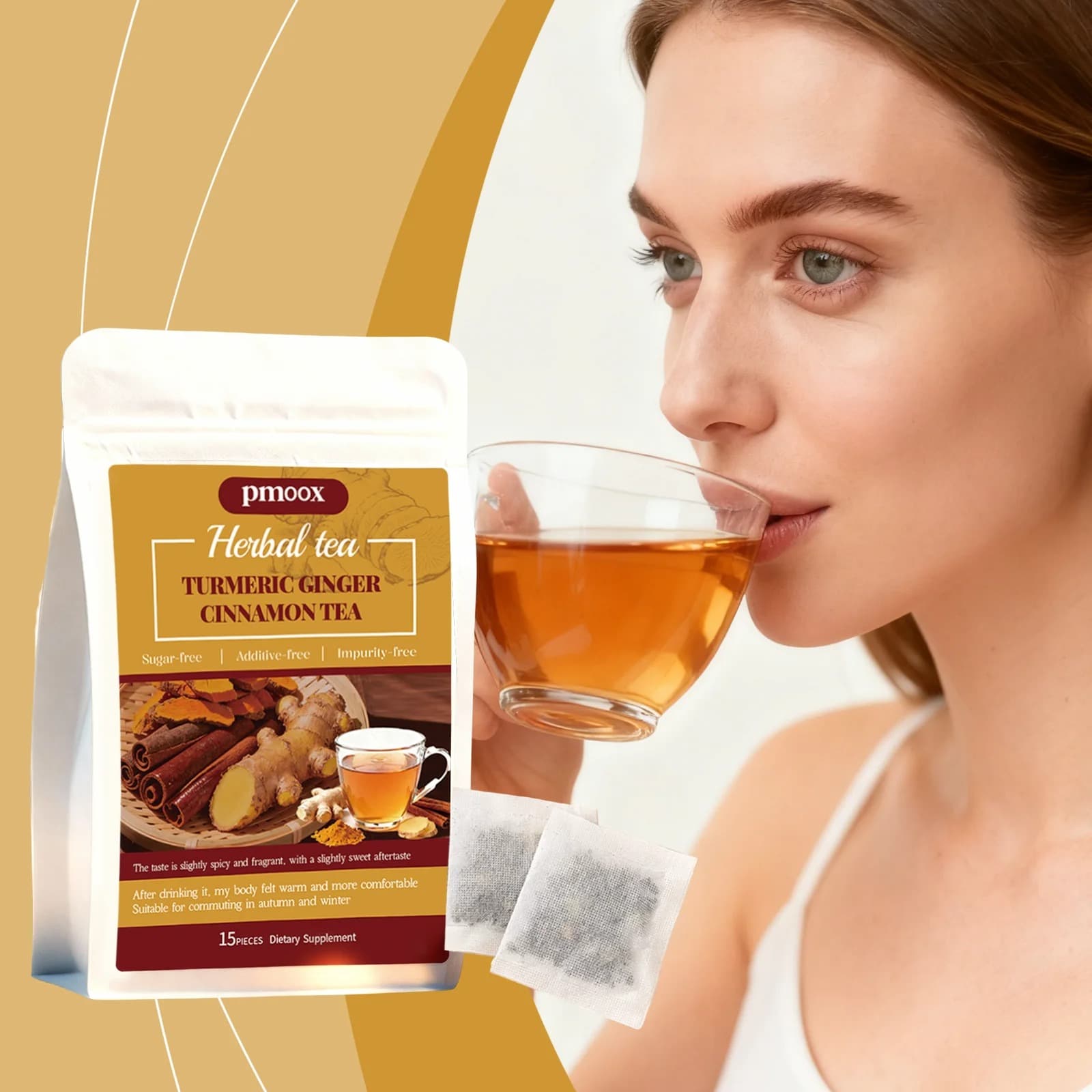 Warm golden brewed Ceylon cinnamon and turmeric tea in glass cup